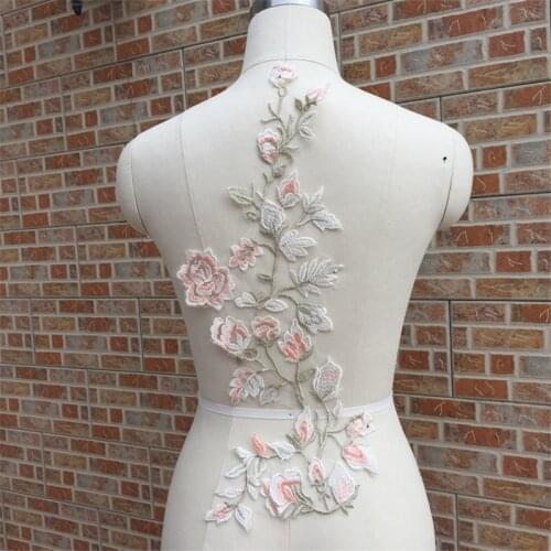 1 Piece 20*48cm Pink White Large Lace Applique Flower Embroiderey Lace Mesh Sewing Fabric Trim For Dress Clothing Curtain Craft