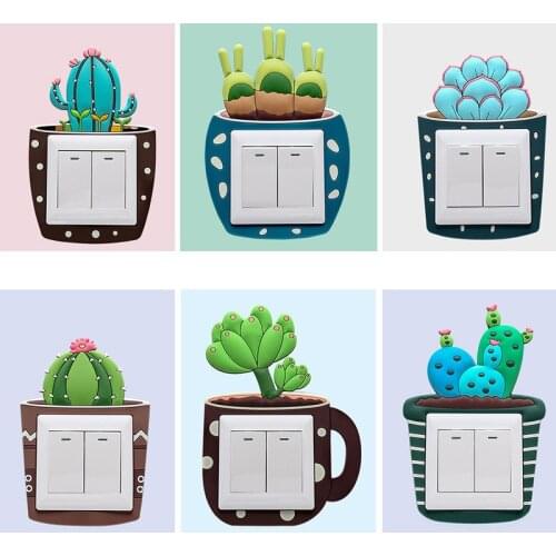 1 PCS 3D Wall Silicone On-off Switch Luminous Light Switch Outlet Wall Sticker Green Plant Cover Modern Room Decor 6 Plants