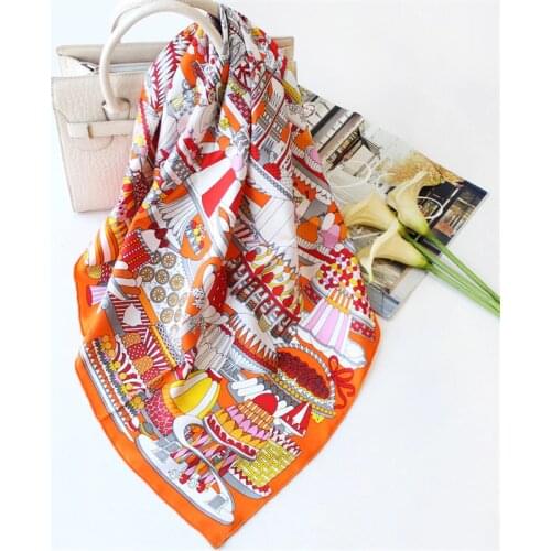 100% Pure Silk Scarf Women Cake Pan Print Square Scarves Wraps Head Handkerchief Wholesale Hijabs Silk Foulards Bandana 90x90CM
