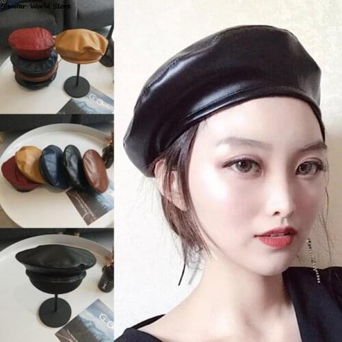 2021 New 5 Colors Vintage Faux PU Leather Beret Hat Flat Cap Solid Black Coffee Wine Red Navy Fashion French Cap For Women Men