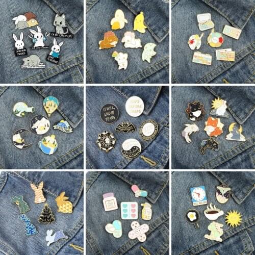 6pcs/set Enamel Pin Set Funny Quote Moon Star Couple Animal Brooches Metal Badges for Boy Jewelry Gifts