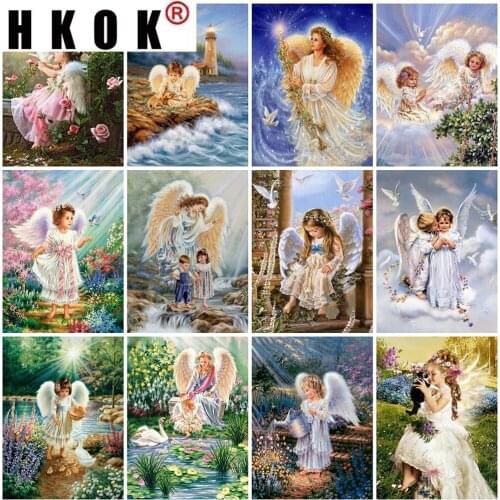HKOK 5D DIY Diamond Painting Angel Stitch Full Square Diamond Embroidery Cross Girl Rhinestone Mosaic Gift Art Home Decor