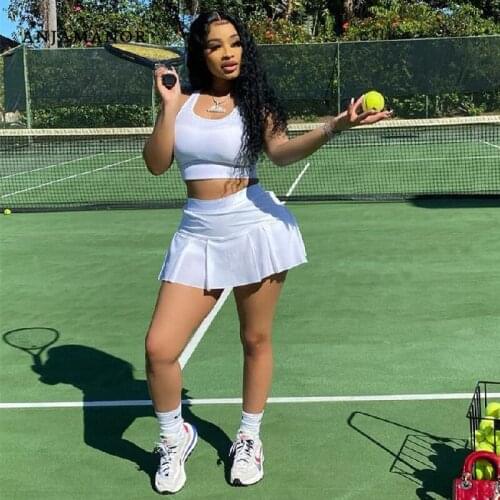 ANJAMANOR Sexy Two Piece Set Crop Top and Tennis Mini Skirts Shorts White Women Dresses Summer 2021 Matching Sets D24-CE26