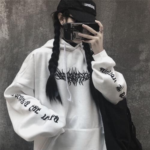 White Loose Hoodie Girl Japan Punk Funny Print Tops Spring Fashion Women Casual High Street Harajuku Gothic Autumn Sweatshirt