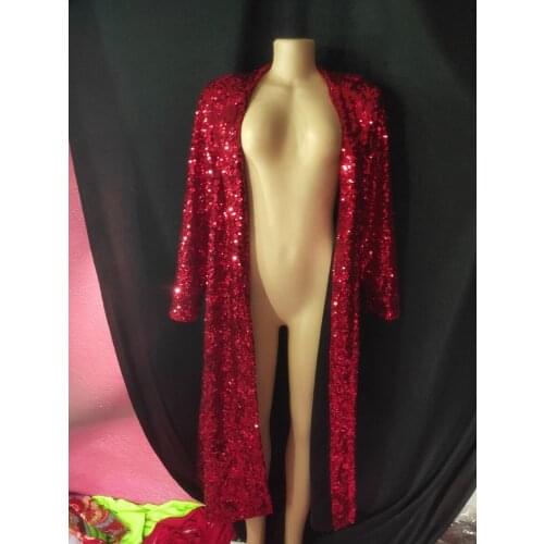 Sparkly Blue Red Sequins Women Jacket Birthday Celebrate Long Jacket Women Singer Stage Dance Handmade Bar Outfit