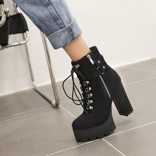 Fashion Boots Women Buckle Soft Leather Spring Autumn Black Ladies Ankle Boots High Heels Shoes Platform Heels Chunky