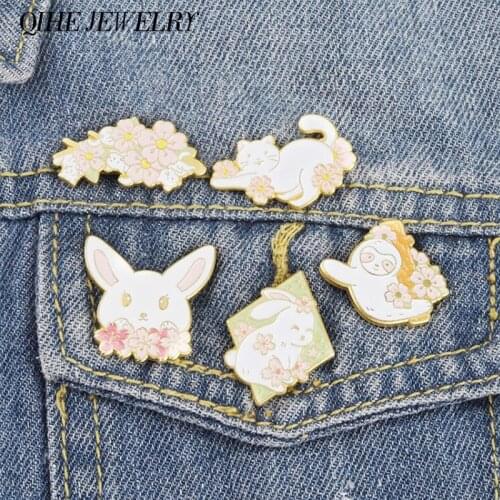 Sakura Cat Rabbit Enamel Pin Kitty Bunny Sloth Brooches Flower Ainmal Badges Jewelry Wholesale Gift for Kids Children