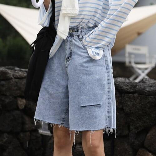 Summer Loose Ladies Denim Shorts Fashion High Waist Pockets Ripped Fringed Jeans 2021 Chic WomenS Clothing