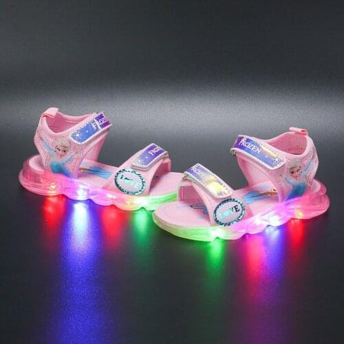 Disney summer led light shoes pink blue elsa princess sandals girl beach shoes