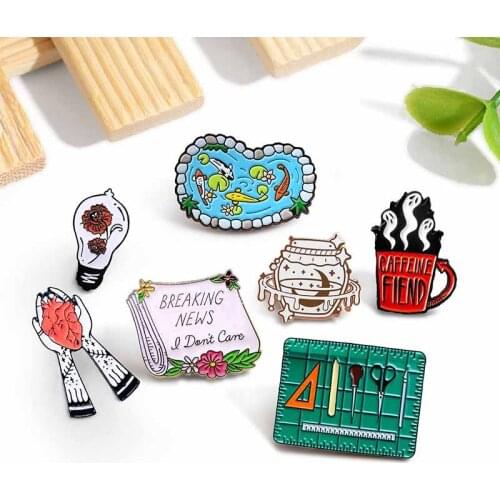 Fashion Brooches BREAKING NEWS,L Don't Care,CAFFEINE FIEND Enamel pins ruler tool ghost cup Magic jar fish pool newspaper Badges