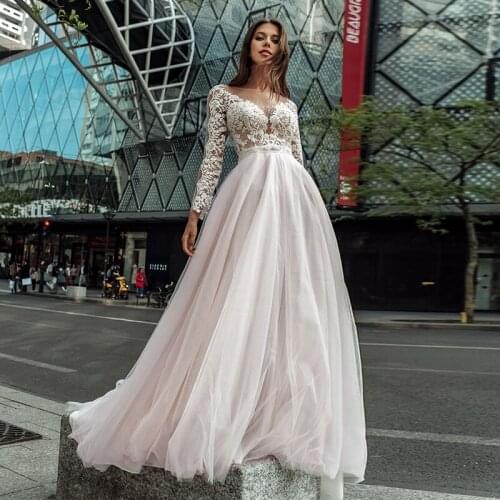 Romantic Long Lace Sleeves Bridal Gown A Line Tulle Empire See Through Back Beach Wedding Dress prom Gown vestidos de fiesta