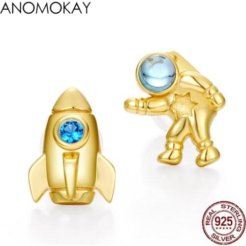 Anomokay New Arrival Aerospace Series Gold Color Earrings Blue Zircon 925 Silver Aircraft Astronaut Earring for Women Girl