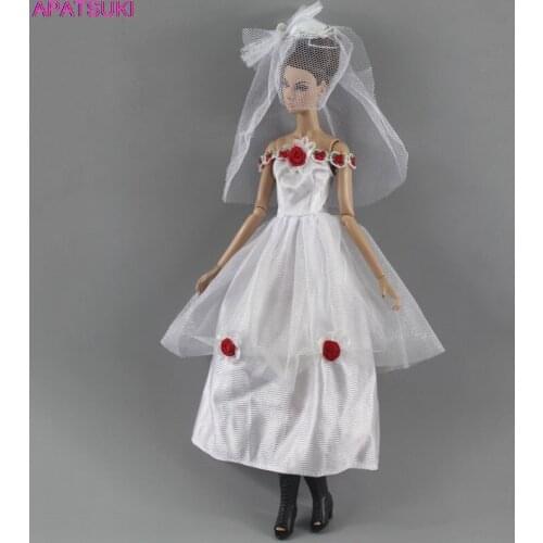White Fashion Doll Wedding Dress for Barbie Doll Clothes Outfits Red Flower Party Gown + Veils 1/6 BJD Dolls Accessories Toy