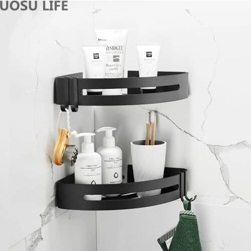UOSU LIFE Bathroom Shelf Organizer Shower Storage Rack Black Corner Shelves Wall Mounted Aluminum Toilet Shampoo Holder No Drill