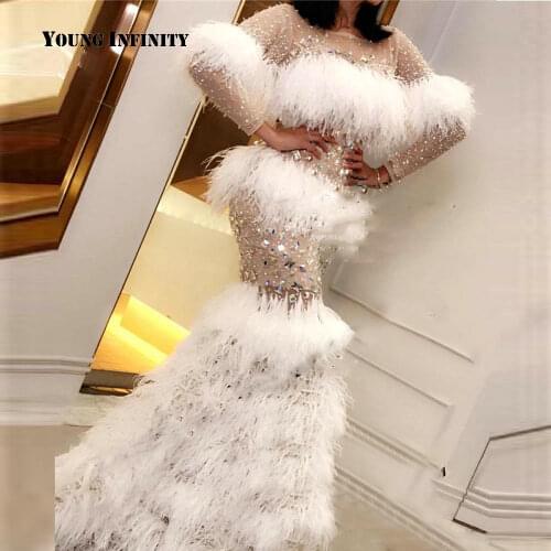 Major Beading Feather Prom Dresses Long Sleeves Illusion Dubai Arabic Plus Size Mermaid Evening Dress Sheer Neck robe de soiree