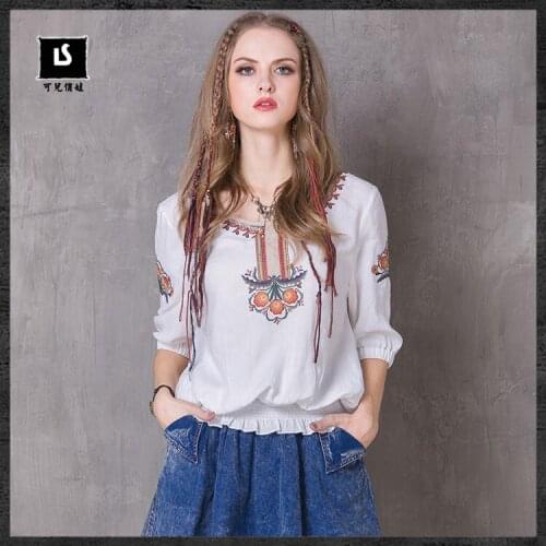 2017 new Plus size Bohemian style womens vintage shirts embroidery cotton half sleeve classic blouse boho casual tops camisa