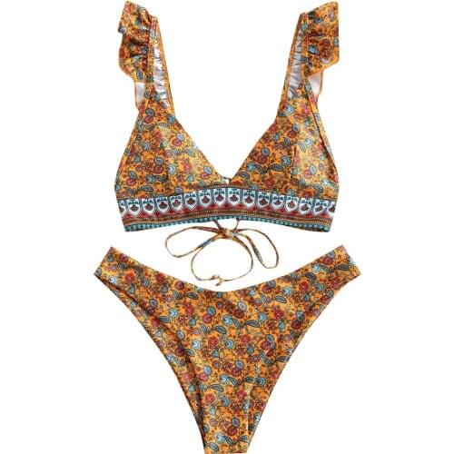 WomenS Summer Sexy Ruffled Banded Bikini Split Swimsuit Brown Swim Wear Women 2020 Bikini Sexy Thong Female Bikini Z0327