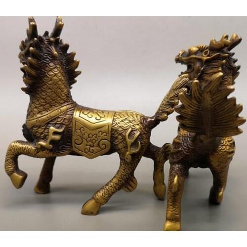6”Old China antique brass Unicorn A set