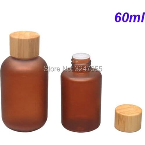 60ML Free Shipping Frosted Amber Plastic Cosmetic Toner Bottle, Portable Emulsion Container n Bamboo Lid, Brown Bamboo Cosmetic