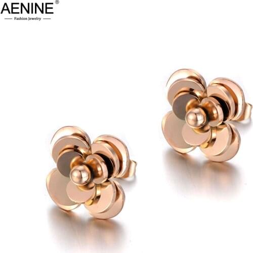 AENINE Trendy Office Style Stainless Steel Love Rose Flower Earrings For Women Girl CZ Crystal Romantic Earrings Jewelry AE19278