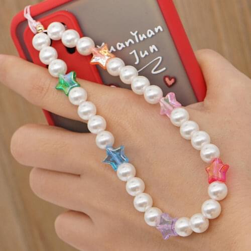 Boho Simulated Pearl Acrylic Mobile Phone Strap Lanyard Soft Pottery Cartoon Smile Star Anti-lost Phone Cord Chain