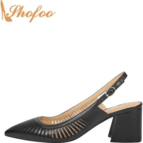 Black Slingback High Chunky Heels Women Pumps Pointed Toe Narrow Band Buckle Large Size 12 16 Ladies Summer Fashion Shoes Shofoo