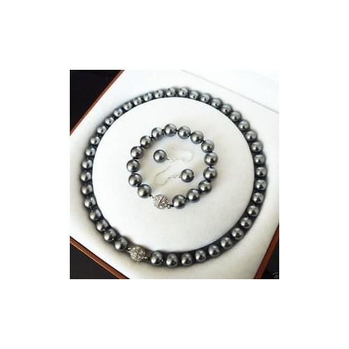 Black 10mm Shell Pearl Necklace Bracelet Earring Set Fine Lovely Bridal Wedding word silver-jewelry