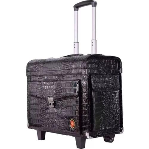 Wooden 16/20 inch PU leather rolling luggage air box Retro business black trolley suitcase bag portable luxury travel valise