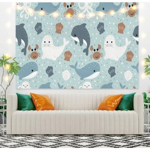 Cartoon Tapestry Fish Blue Backdrop for Livingroom Photography Wall Decor