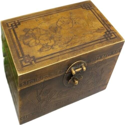 Chinese old beijing treasure chest copper storage box brass painting jewelry box