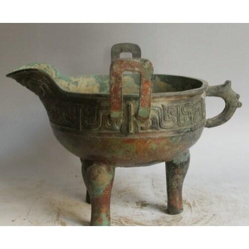 Collectible bronze S2042 14" Old Chinese Bronze Folk 3 Foot Beast handle cup goblet Incense Burner Censer