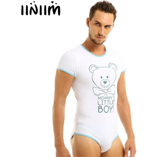 Adult Babies Body Lingerie Mens Exotic One Piece Lingerie Pajamas Round Neck Press Button Crotch Printed Teddies Bodysuit Romper