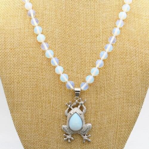 Frog 8MM Beautiful Natural White Opal Round Beads Gems Pendant Necklace 18 "