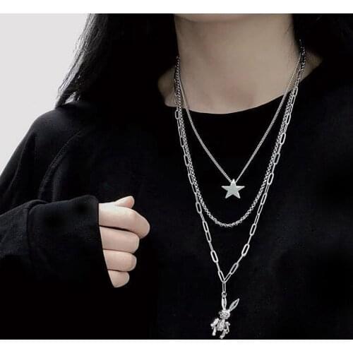 Retro hip hop ins cold wind multi-layer necklace female rabbit pendant cool bungee banquet accessories