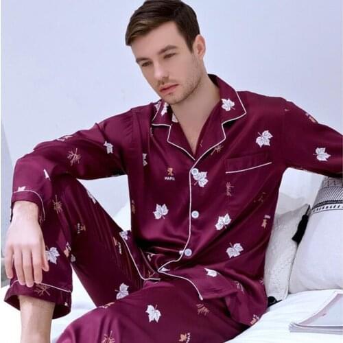 Mens Plus Size Satin Ice Silk Sleepwear Long Sleeved Print Pattern Silk Leisure Suit Household Clothes All Seasons Pajamas J019