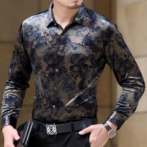 Spring Autumn Mens Long Sleeved Business Casual Shirt Flower Print Top Fashion Pleuche Silk Shirts Slim Fit High Quality