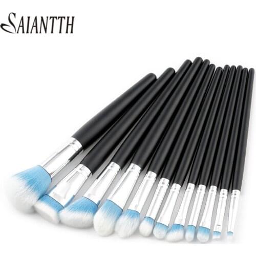 SAIANTTH black wood handle blue white hair 12pcs makeup brushes set beauty tool powder foundation concealer brush kit maquiagem