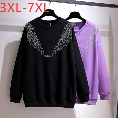 New 2021 Ladies Spring Autumn Plus Size Tops For Women Large Long Sleeve Black Cotton Diamond Thick T-shirt 3XL 4XL 5XL 6XL 7XL