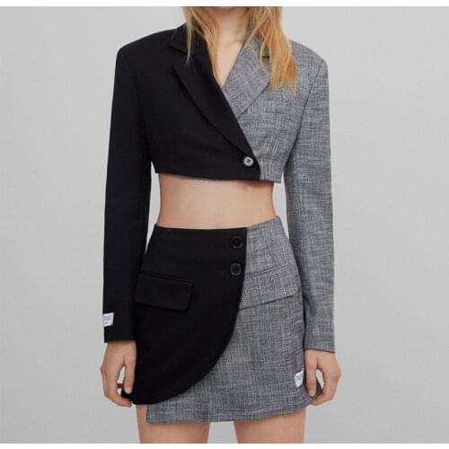 Sexy One Button Cropped Blazer Set High Waist Irregular Cross Slit Mini Skirt White Long Sleeve Elegant Vintage Y2K Black Suits