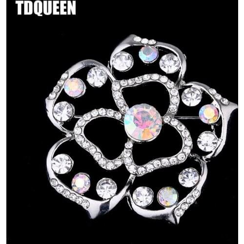TDQUEEN Crystal Flower Brooches and Pins for Women Silver Plated Metal Big Camelia Flower Plant Crystal Brooches