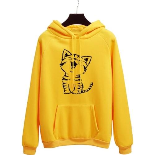 Happy Cat Harajuku Print Hoodies Women Autumn Winter Office Lady Pullover Yellow Thick Loose Moletom Feminino Clothes Size 40-50