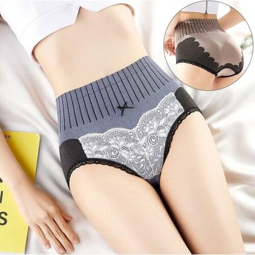 Large Size Briefs Women Graphene Breathable High Waist Abdominal Panties Body Shaping And Hip Lifting Sexy Lace Side Underwear