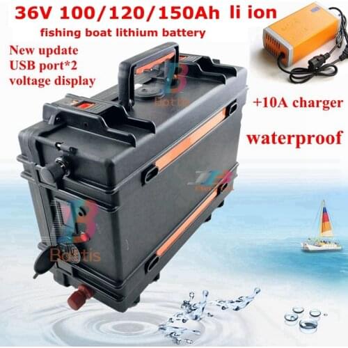 Waterproof 36V 100Ah 120Ah 150Ah Lithium ion 3.7V Li-po battery pack bms 10s for 3000W fishing boats trolling mortor+10A Charger