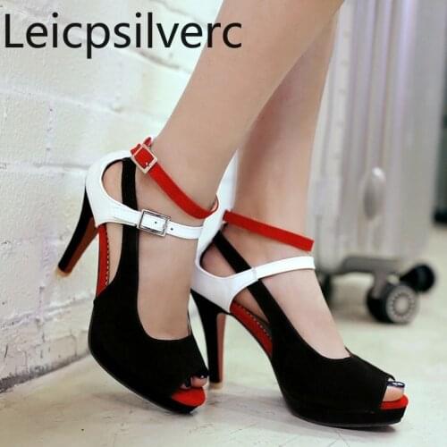 Womens Sandals summer The New Fish mouth Open toe Buckle Color matching Fine heel High heel Womens shoes plus size 33-43