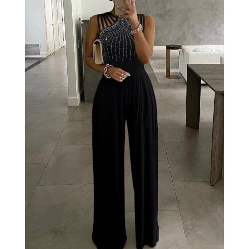 2021 new summer womens sexy rivet hollow pleated wide-leg jumpsuit casual sleeveless trousers