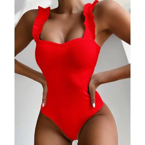 2021 New Sexy Female Swimsuit Vintage One Piece Ruffled Push Up Solid Colour Red Swimwear Women Monokini Padded Bathing Suits