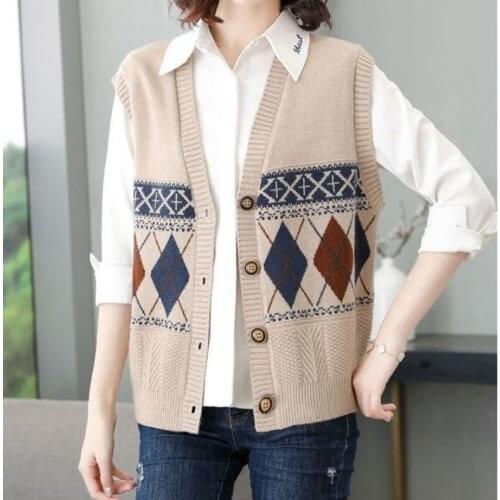 2021 Women Knit Sweater Spring Autumn Argyle Vest Female Sleeveless V-Neck Knitted Vests Ladies Long Pullover Vest Jumpers Q268
