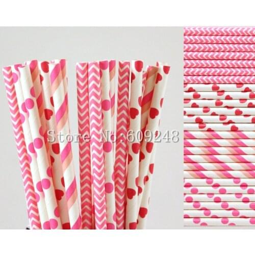 100pcs Drinking Party Paper Straws Mix,Hot Pink Polka Dot,Chevron,Heart,Striped,Valentines Day,Wedding,Straws for Cocktails Bulk