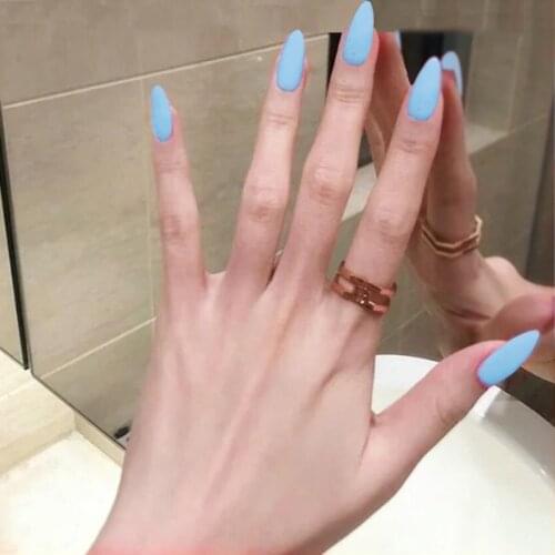 24 Pcs Frosted Matte Sky Blue Fake Nails Reusable Ultra Thin Long Almond Shape Fashion Solid Color False Nails with Glue Sticker