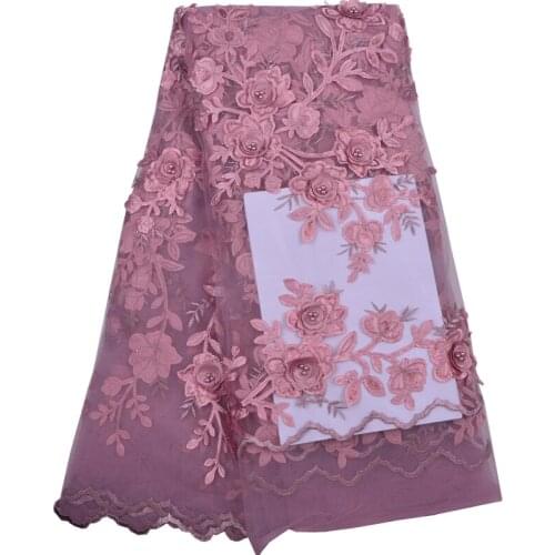 3D Flower African French Lace Fabric With Beads 5yards African Tulle Lace Fabrics 1285